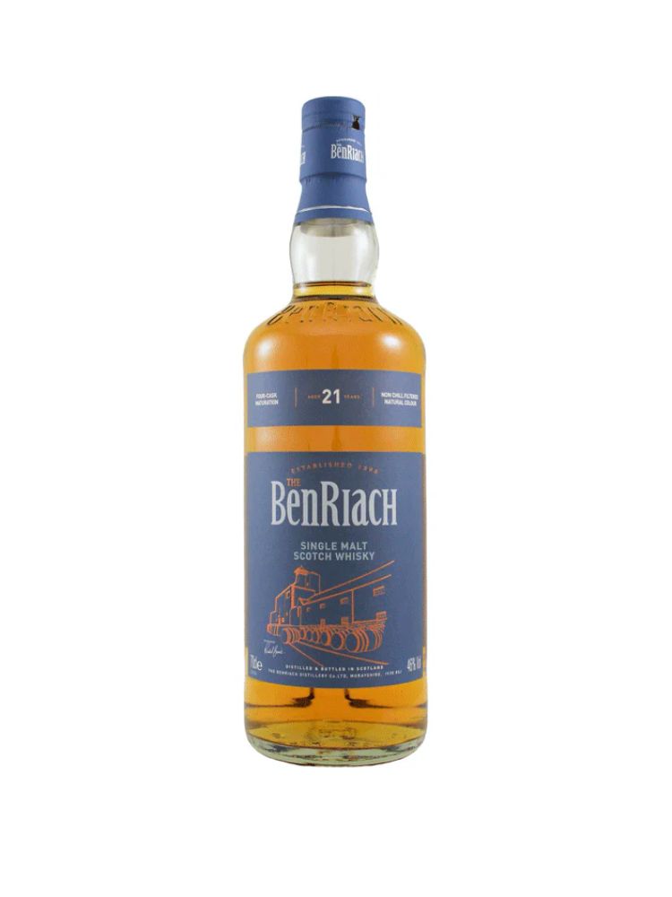 BenRiach 21 Year Old Single Malt Scotch Whisky, 750mL Bottle on White Background.