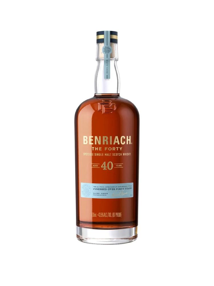 BenRiach Single Malt Scotch 40 Year Whisky, 700mL Bottle on White Background.
