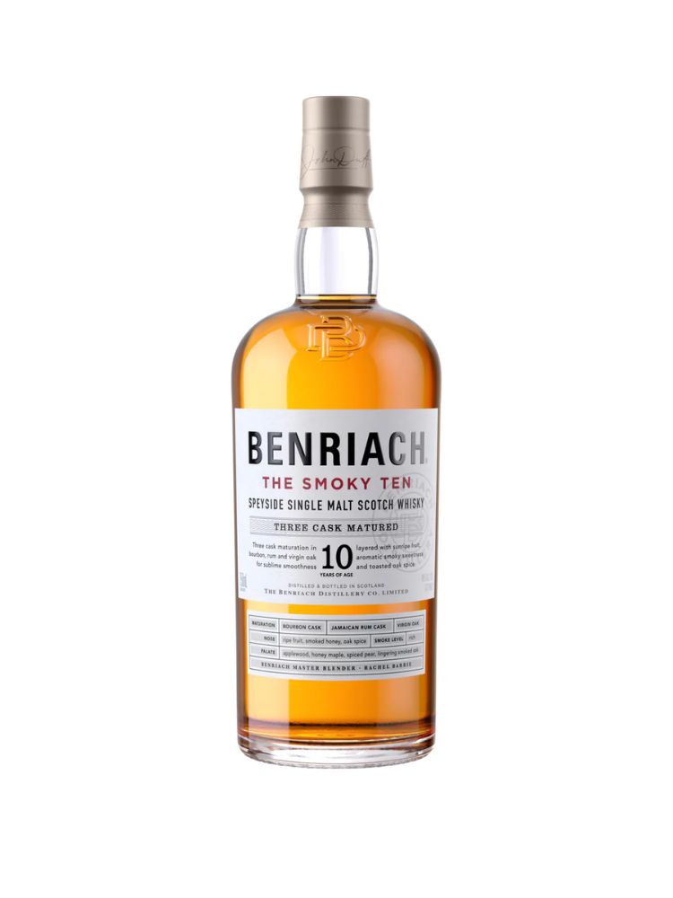 BenRiach The Smoky 10 Year Old Single Malt Scotch Whisky, 750mL Bottle on White Background.