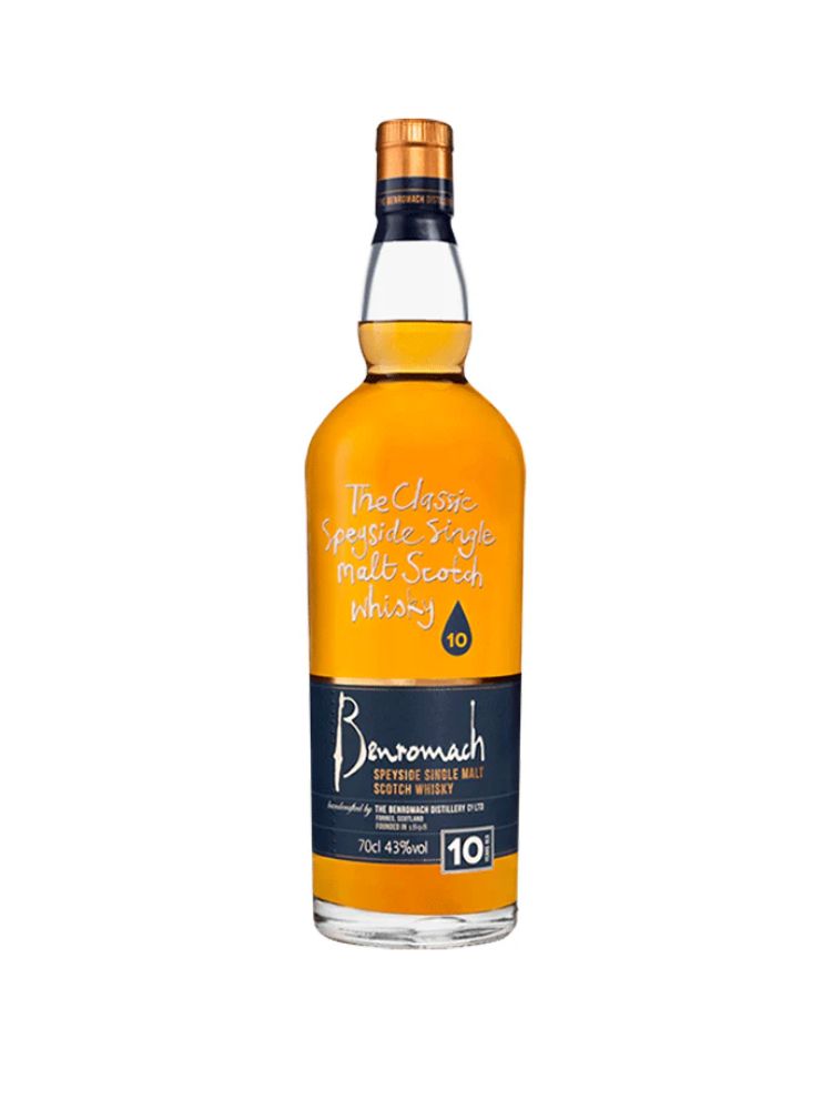 Benromach 10 Year Old Single Malt Scotch Whisky 86 Proof, 750mL Bottle on White Background.
