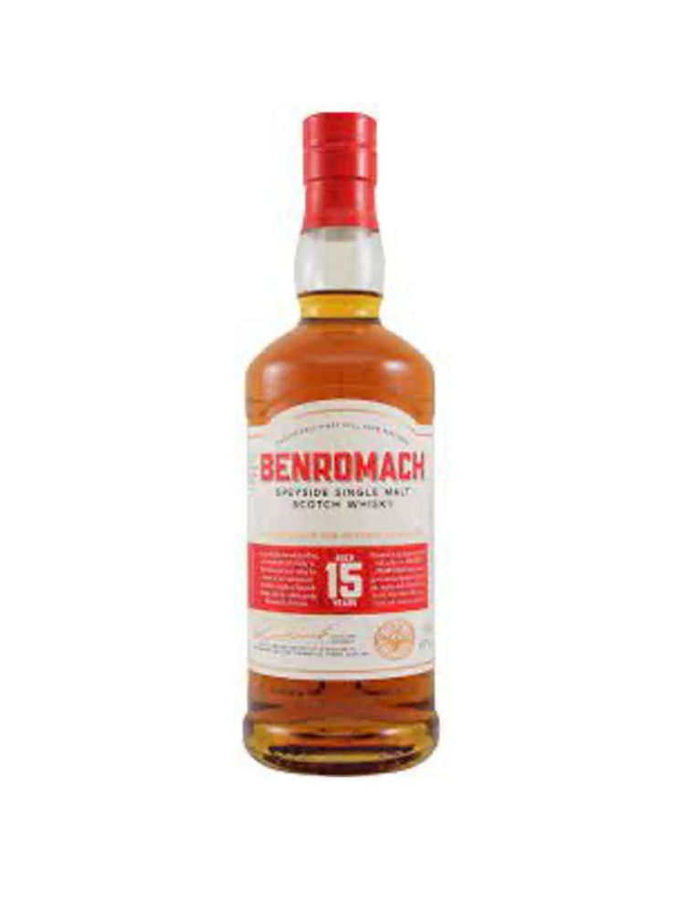 Benromach Single Malt Scotch 15 Yr, 700mL Bottle on White Background.