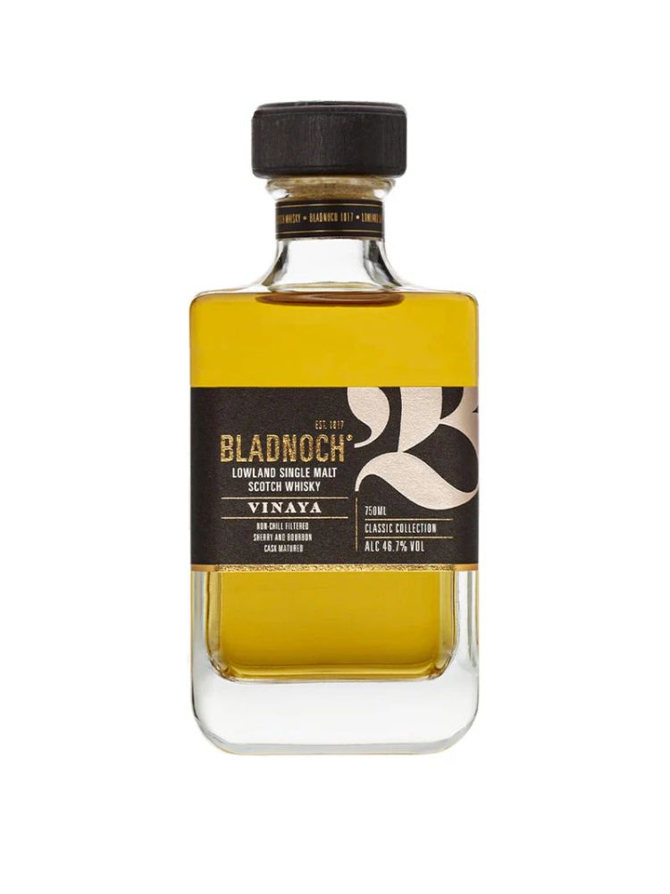 Bladnoch Vinaya Scotch Whisky, 750mL Bottle on White Background.
