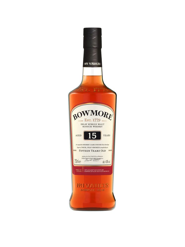 Bowmore 15 Year Old Sherry Cask Islay Single Malt Scotch Whisky, 750mL Bottle on White Background.