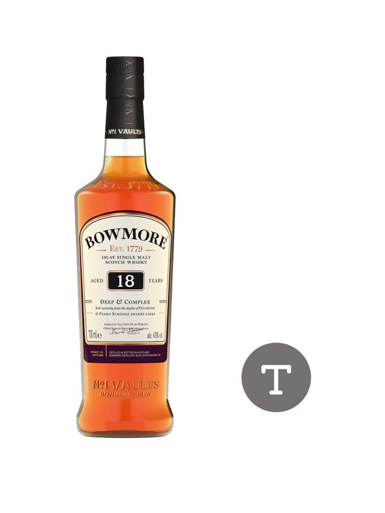 Bowmore 18 Year Old Islay Single Malt Scotch Whisky, 750mL Bottle on White Background.