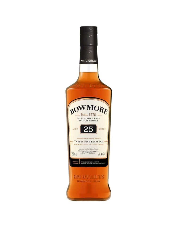 Bowmore 25 Year Old Small Batch Release Islay Single Malt Scotch Whisky, 750mL Bottle on White Background.