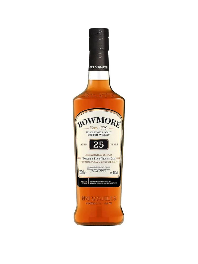 Bowmore Single Malt Scotch Small Batch Release 25 Year Old Whisky, 750mL Bottle on White Background.