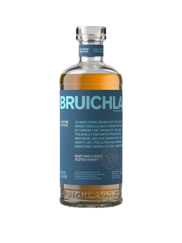 Bruichladdich 18 Year Old Islay Single Malt Scotch, 750mL Bottle on White Background.