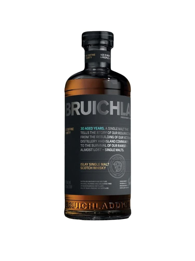 Bruichladdich 30 Year Old Single Malt Scotch Whisky, 750mL Bottle on White Background.