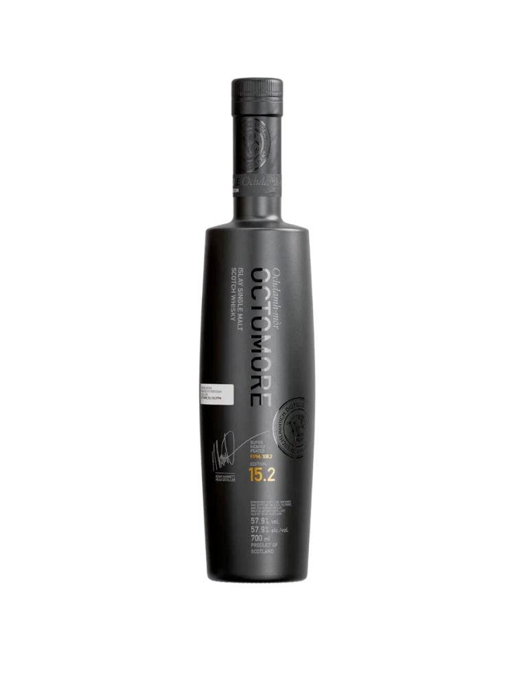 Bruichladdich Octomore Edition 15.2 Scotch Whisky, 750mL Bottle on White Background.