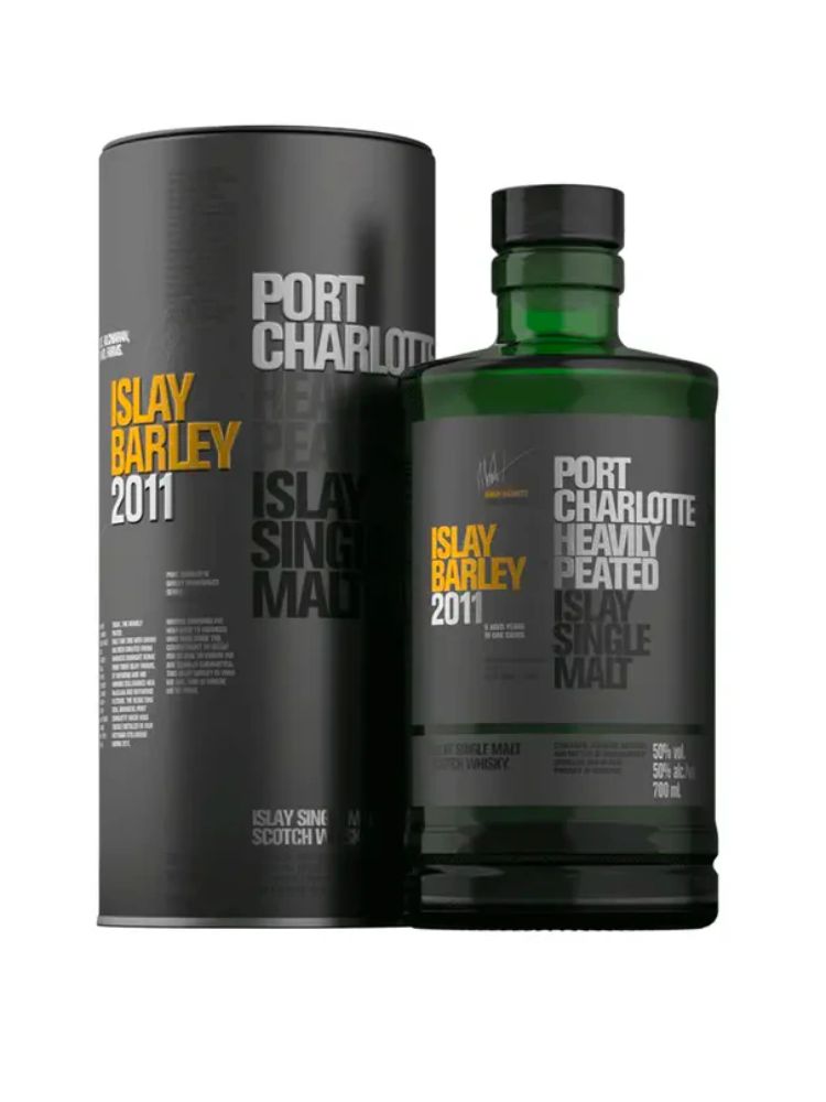Bruichladdich Port Charlotte Islay Barley Single Malt, 750mL Bottle on White Background.
