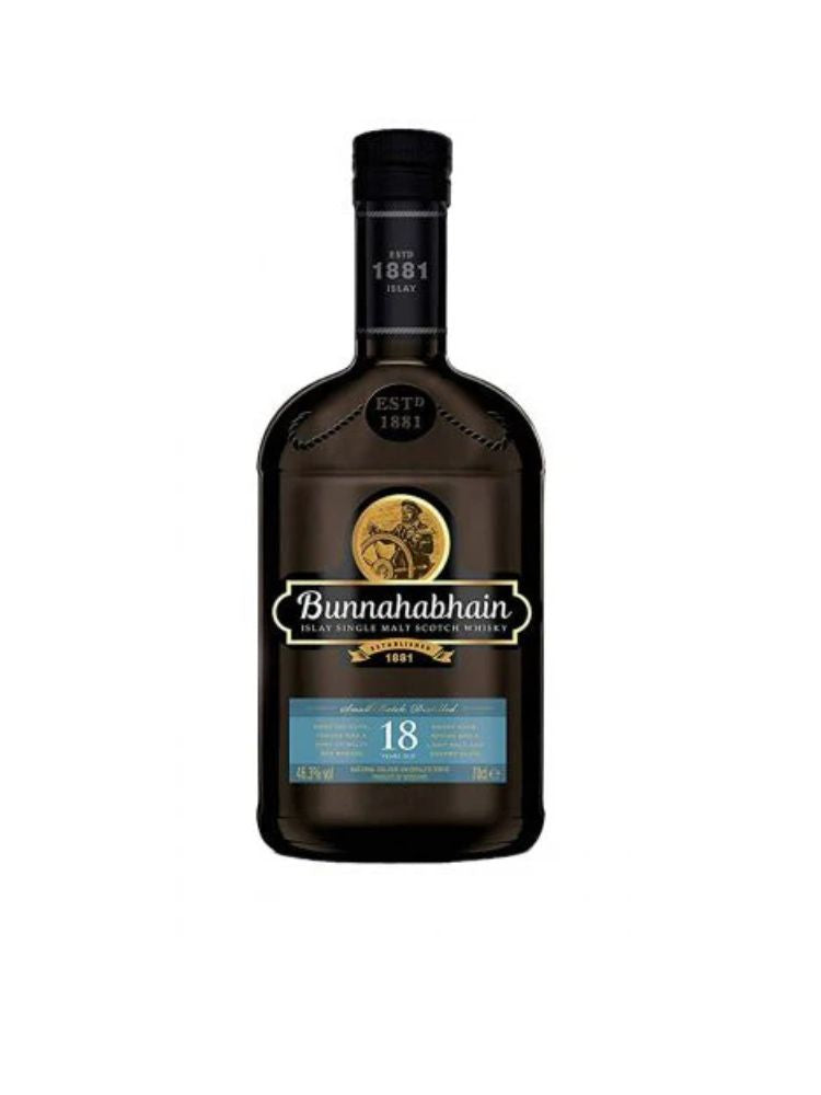 Bunnahabhain 18 Year Old Single Malt Scotch Whisky, 750mL Bottle on White Background.