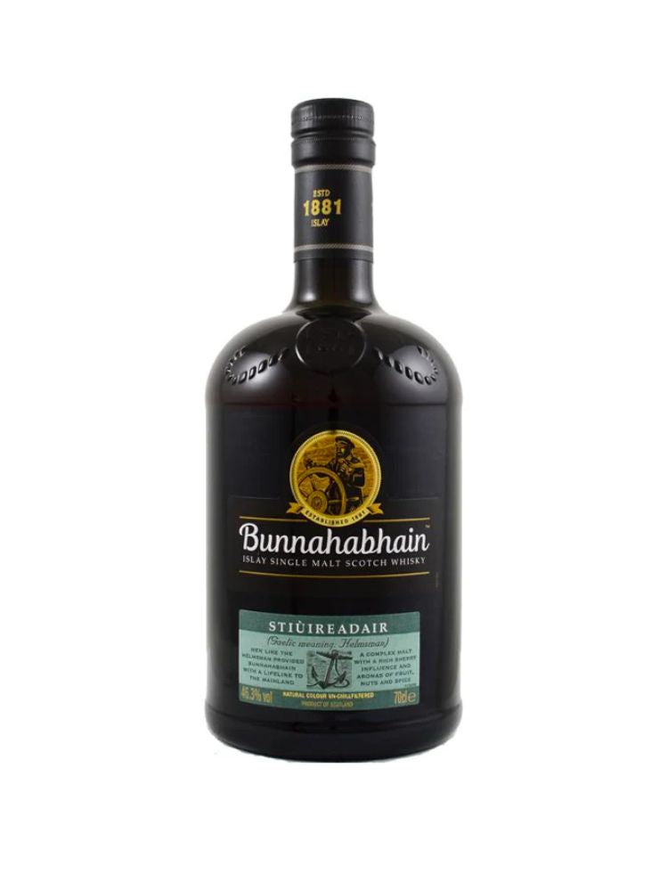 Bunnahabhain Stiùireadair, 750mL Bottle on White Background.