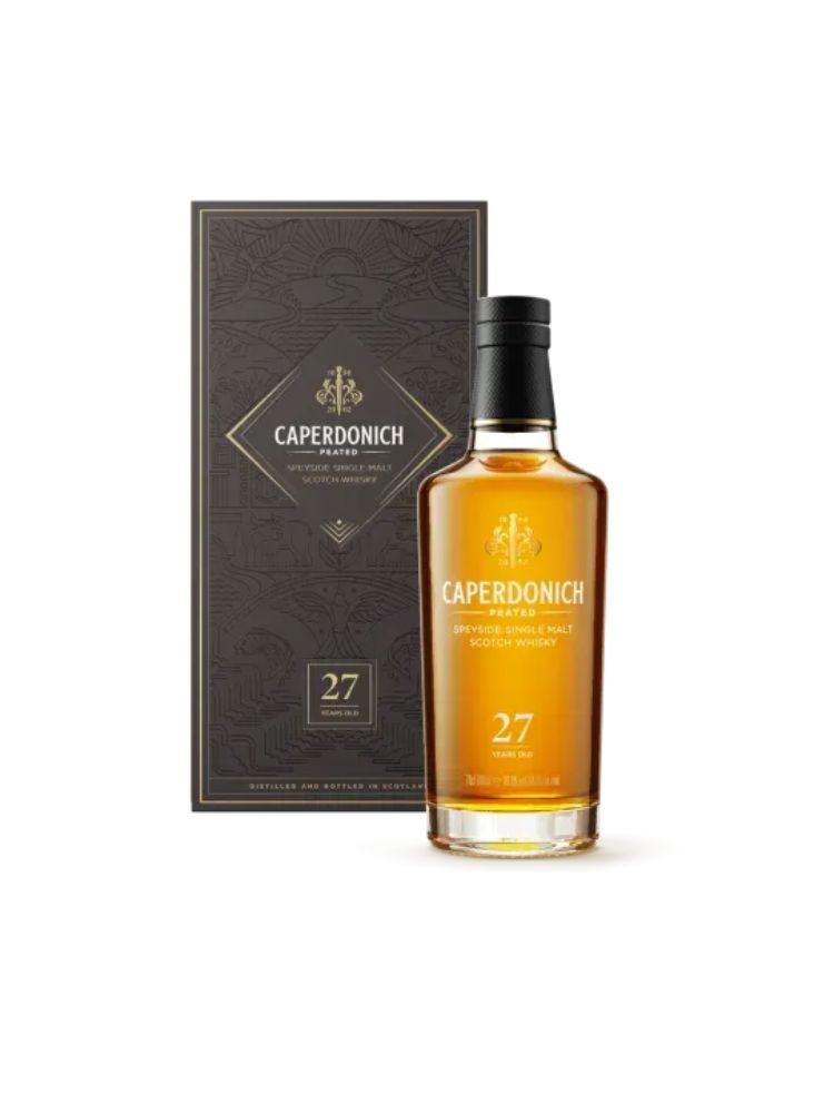 Caperdonich 27 Year Old Peated Single Malt Scotch Whisky, 700mL Bottle on White Background.