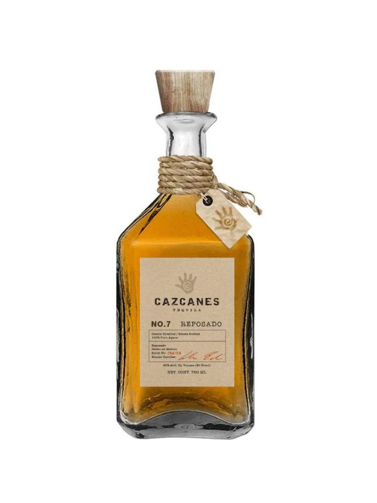 Cazcanes No.7 Reposado Tequila bottle on white background.