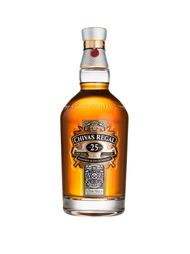 Chivas Regal 25 Year Old Blended Scotch Whisky, 750mL Bottle on White Background.