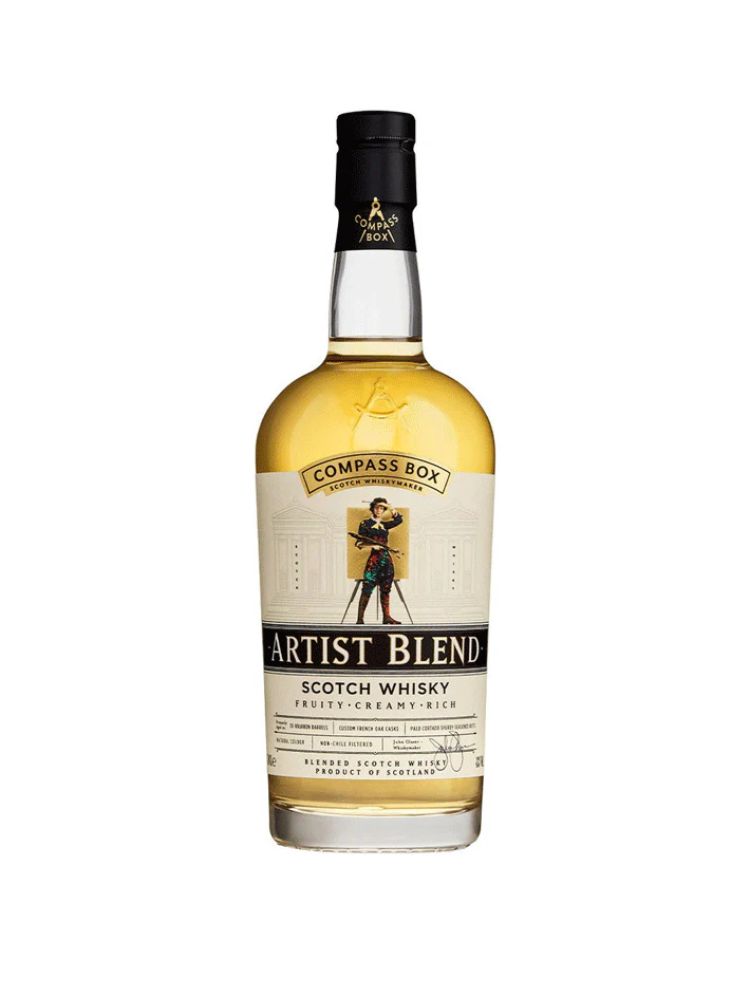 Compass Box Artist Blend Blended Scotch Whisky, 750mL Bottle on White Background.