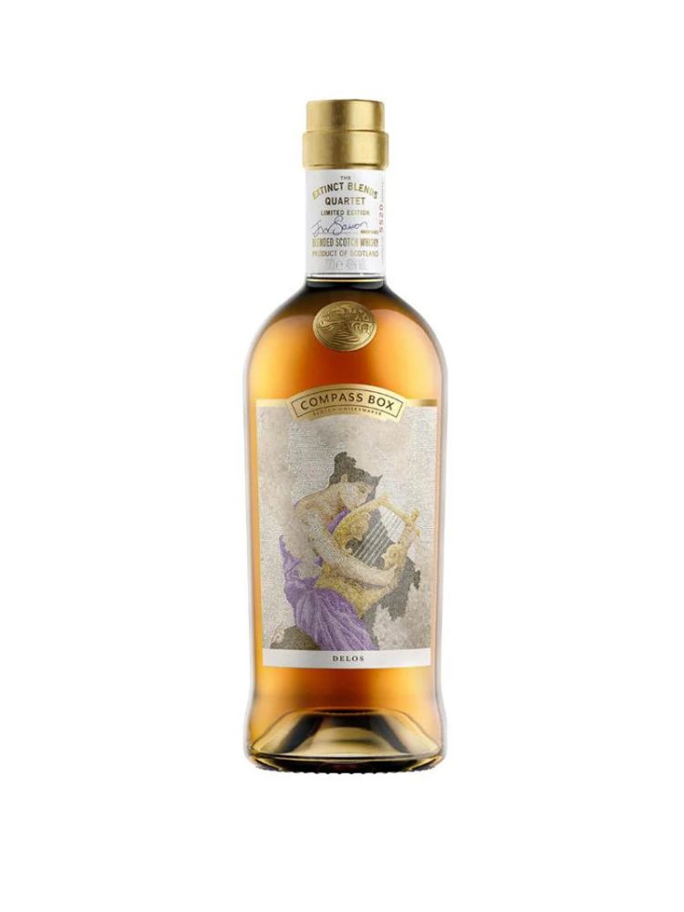 Compass Box Delos Blended Scotch Whisky, 700mL Bottle on White Background.