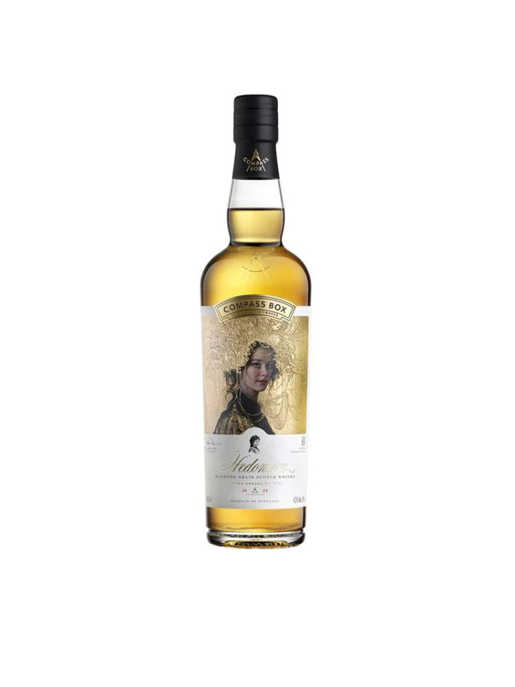 Compass Box Hedonism 2024 Limited Annual Release Blended Grain Scotch Whisky, 700mL Bottle on White Background.