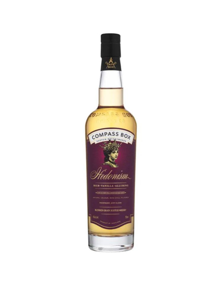 Compass Box Hedonism Blended Grain Scotch Whisky, 750mL Bottle on White Background.