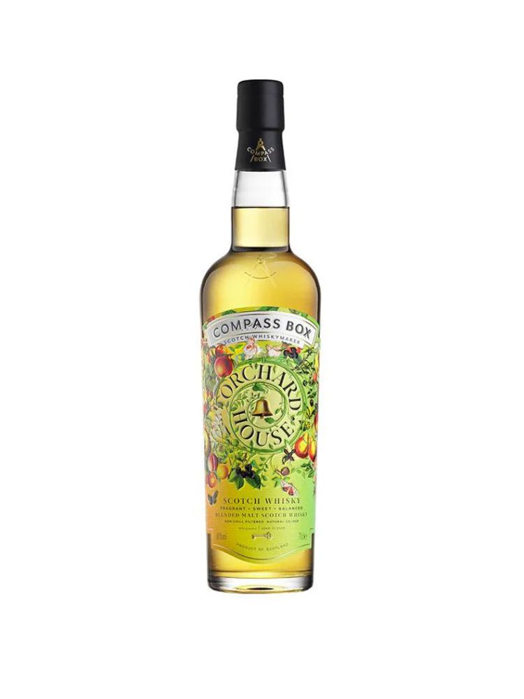 Compass Box Orchard House Blended Malt Scotch Whisky, 750mL Bottle on White Background.