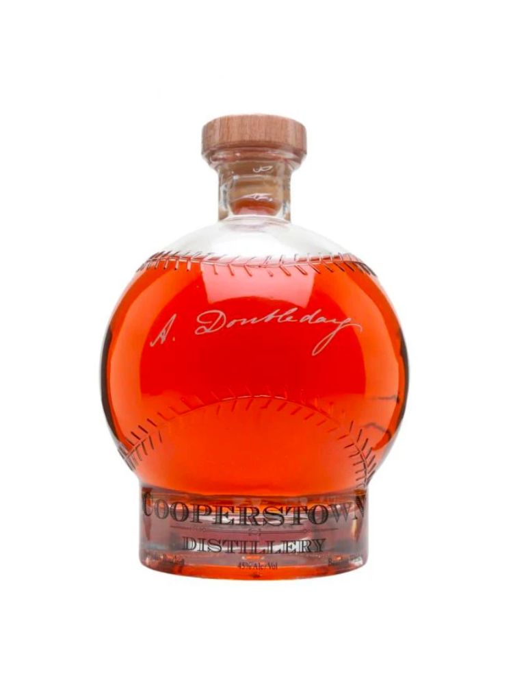 Cooperstown Doubleday Baseball Bourbon Whiskey, 750mL bottle in baseball-shaped decanter on white background
