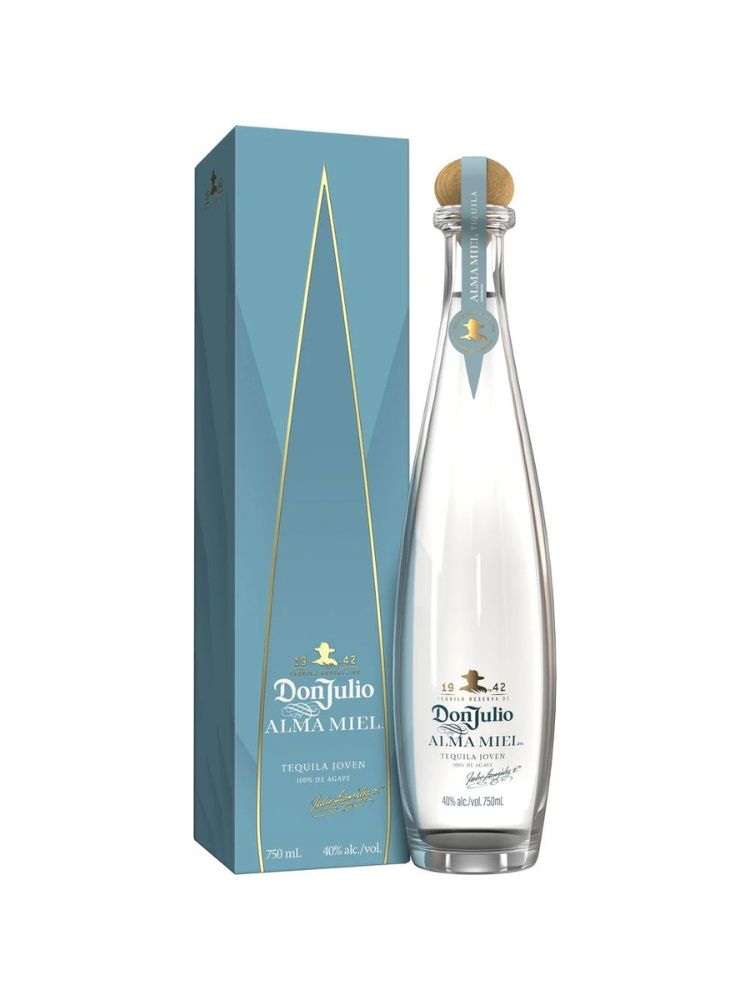 Don Julio Alma Miel Joven Tequila bottle on white background.