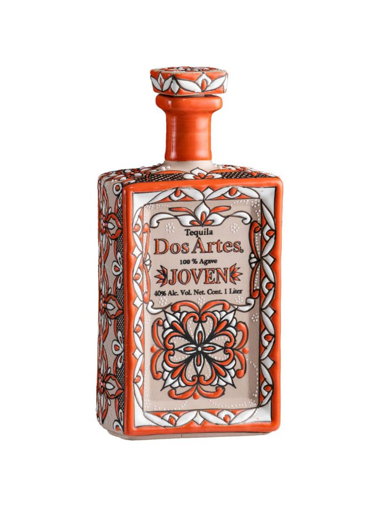 Dos Artes Joven Tequila bottle on white background.