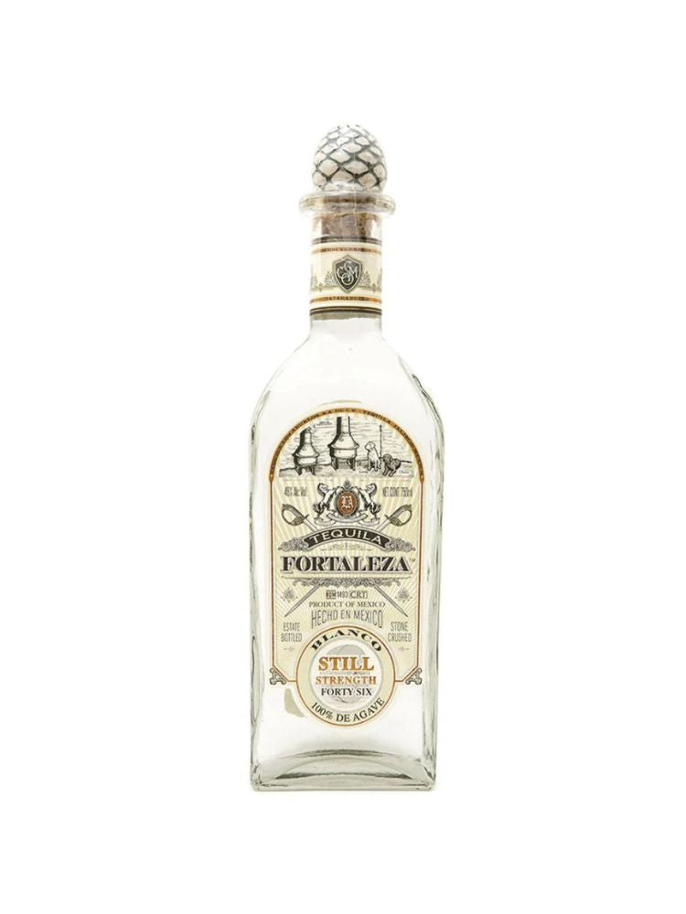 Fortaleza Blanco Still Strength Tequila bottle on white background.