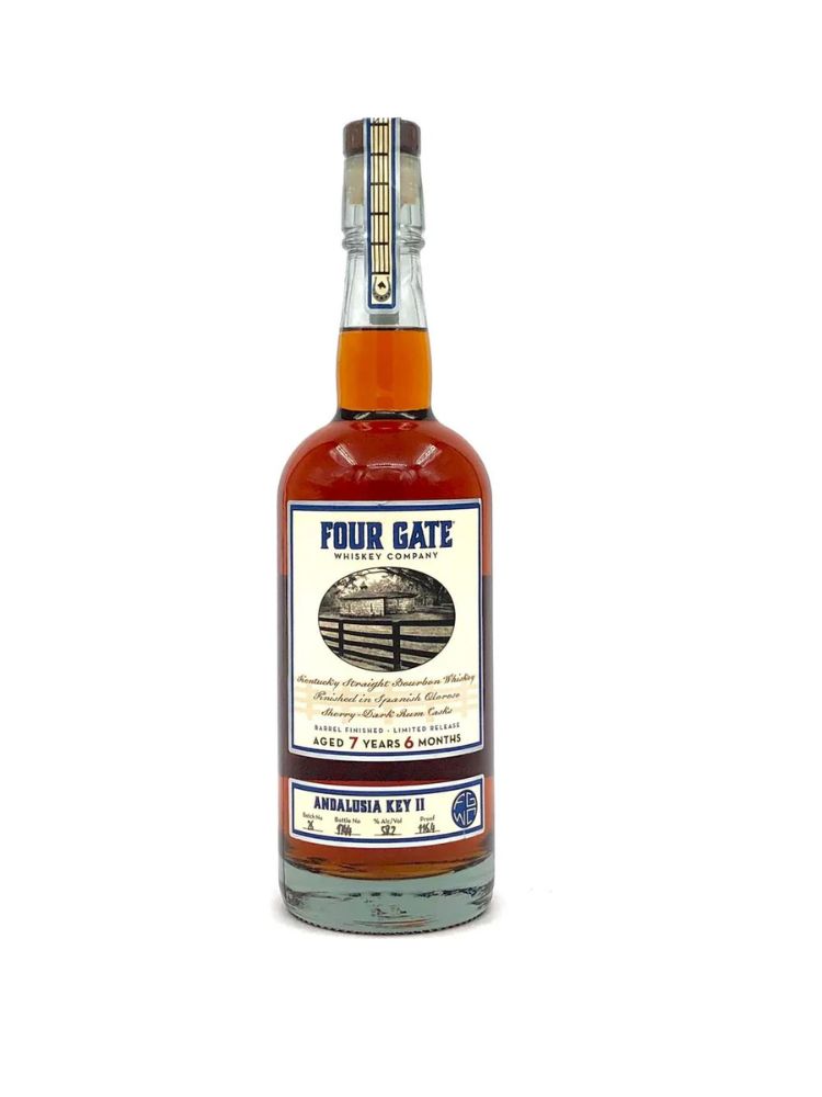 Four Gate Andalusia Key II Kentucky Straight Bourbon Finished in Spanish Oloroso Sherry-Dark Rum Casks, 750mL bottle on white background
