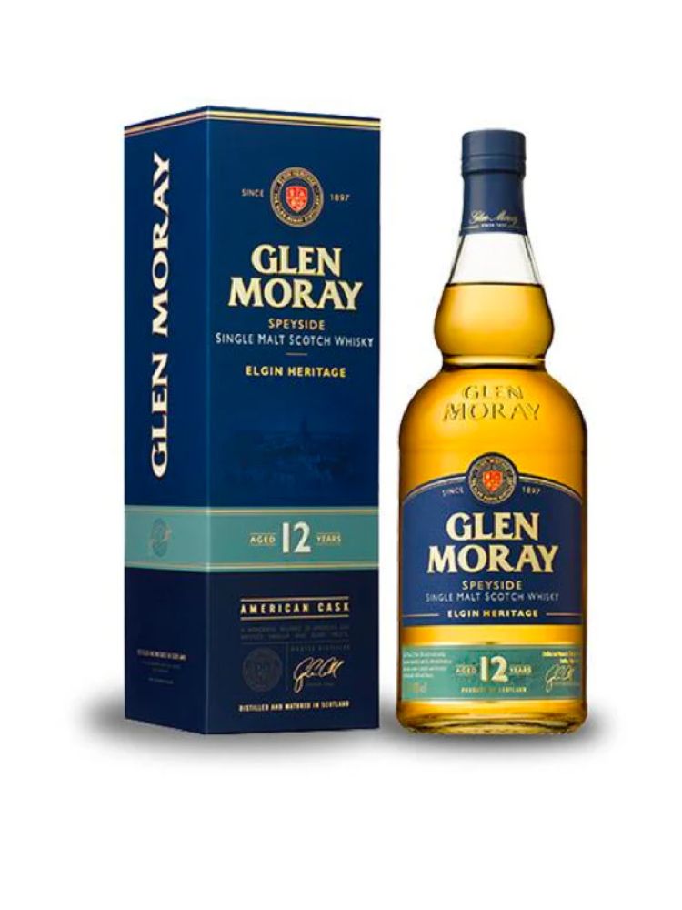 Glen Moray 12 Year Old Single Malt Scotch Whisky, 750mL Bottle on White Background