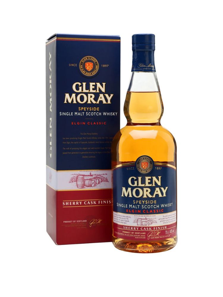 Glen Moray Classic Sherry Cask Finish Scotch Whisky, 750mL Bottle on White Background