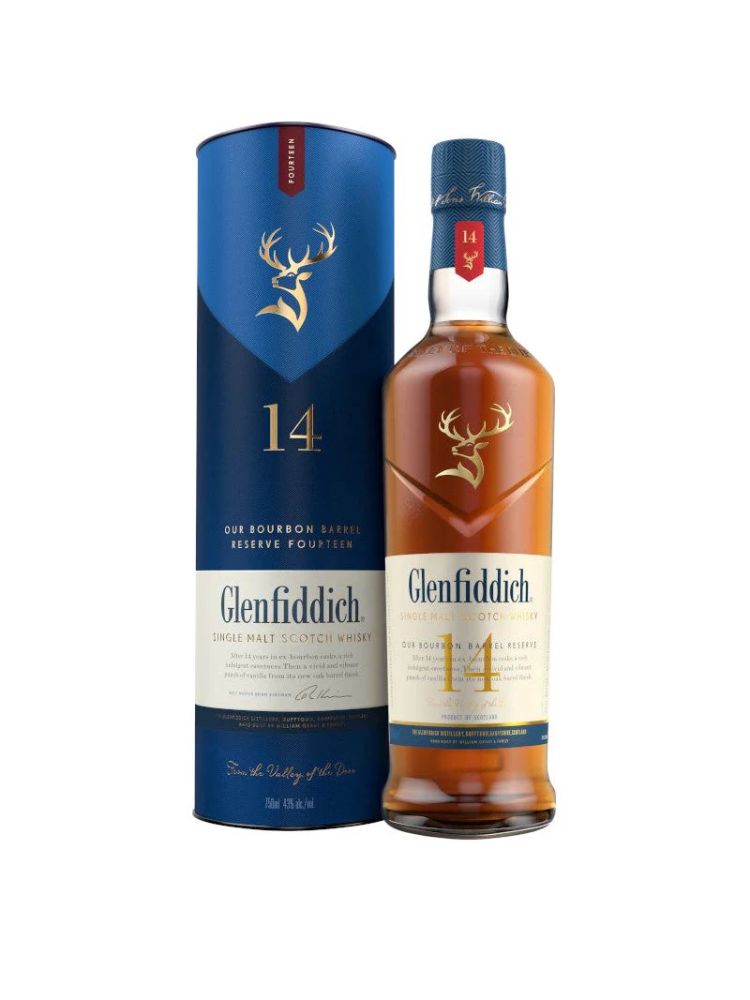 Glenfiddich 14 Year Old Single Malt Scotch Whisky, 750mL Bottle on White Background