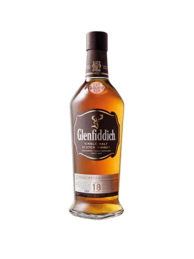 Glenfiddich 18 Year Old Single Malt Scotch Whisky, 750mL Bottle on White Background