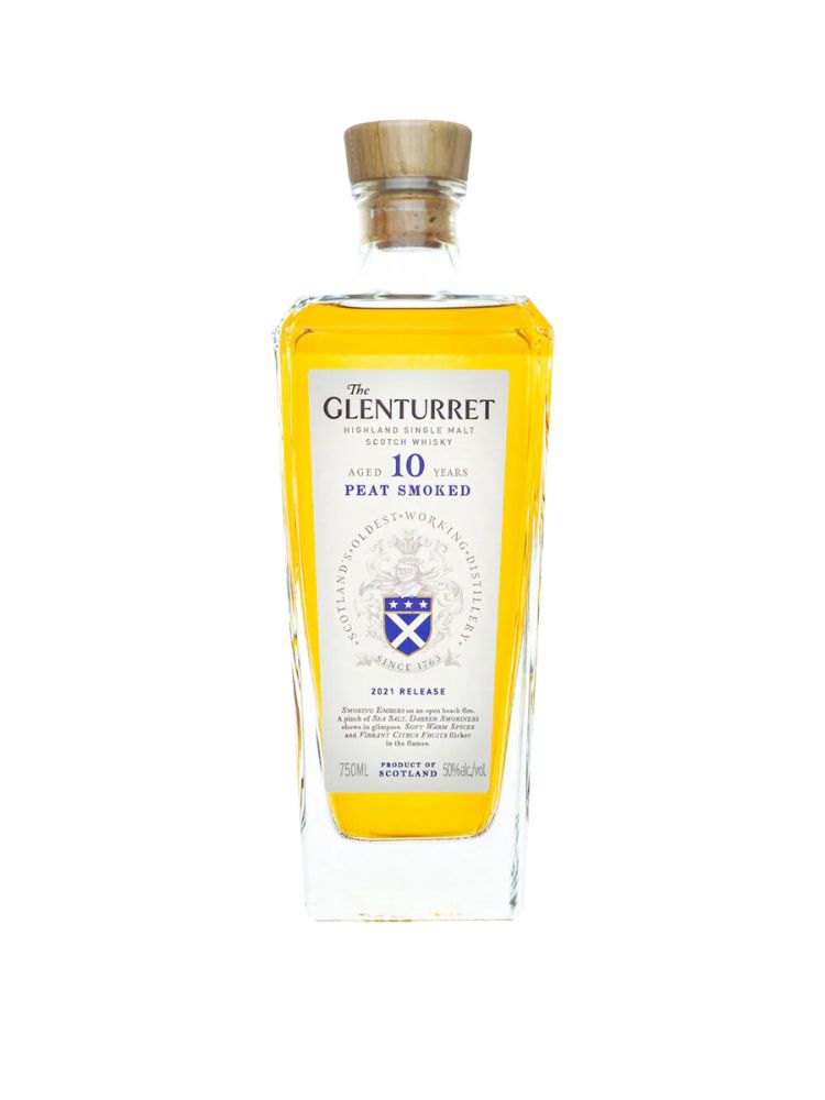 Glenturret 10 Year Peat Smoked Single Malt Scotch, 750mL Bottle on White Background
