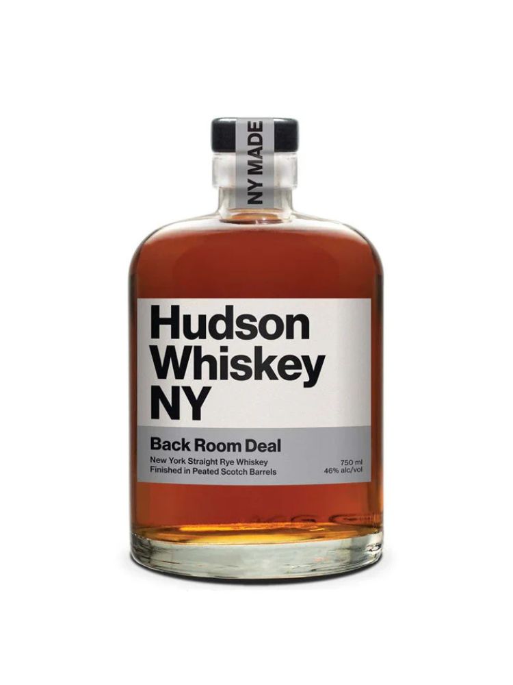Hudson Whiskey Back Room Deal Rye Whiskey bottle on white background