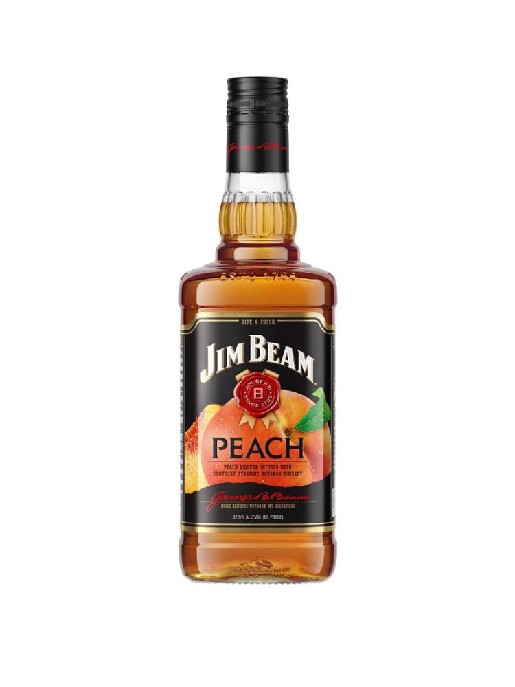Jim Beam Peach Liqueur with Kentucky Straight Bourbon Whiskey, 750mL bottle on white background