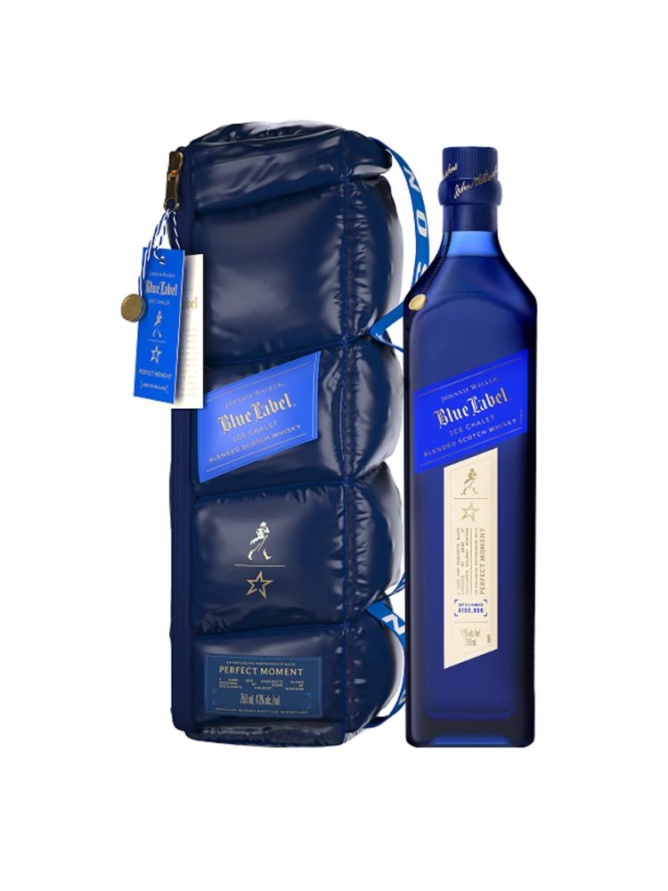 Johnnie Walker Blue Label Ice Chalet x Perfect Moment Blended Scotch Whisky, 750mL Bottle on White Background
