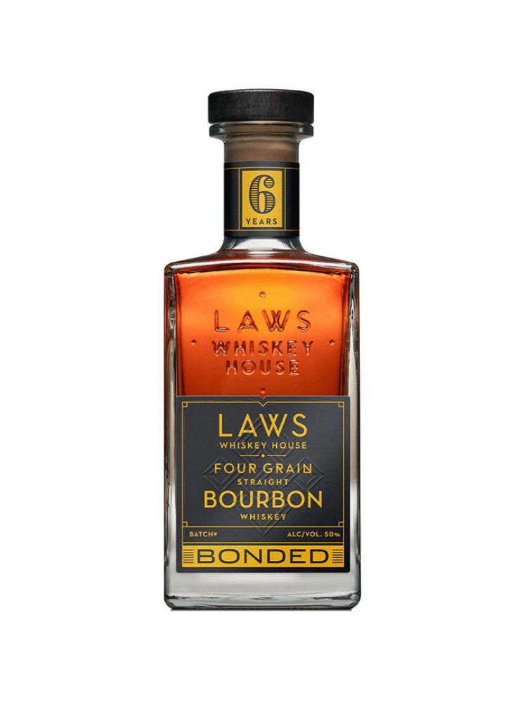Laws Four Grain Straight Bourbon Bottled in Bond Bottle on White Background