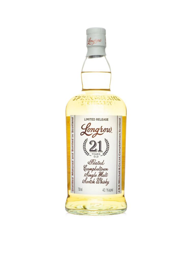 Longrow 21 Year Old Peated Campbeltown Single Malt Scotch Whisky, 750mL Bottle on White Background