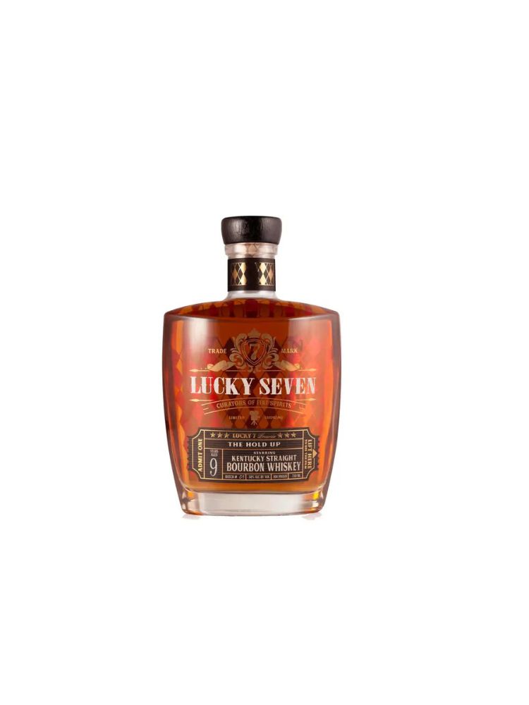 Lucky Seven Spirits The Hold Up 9-Year Straight Bourbon Whiskey Bottle on White Background