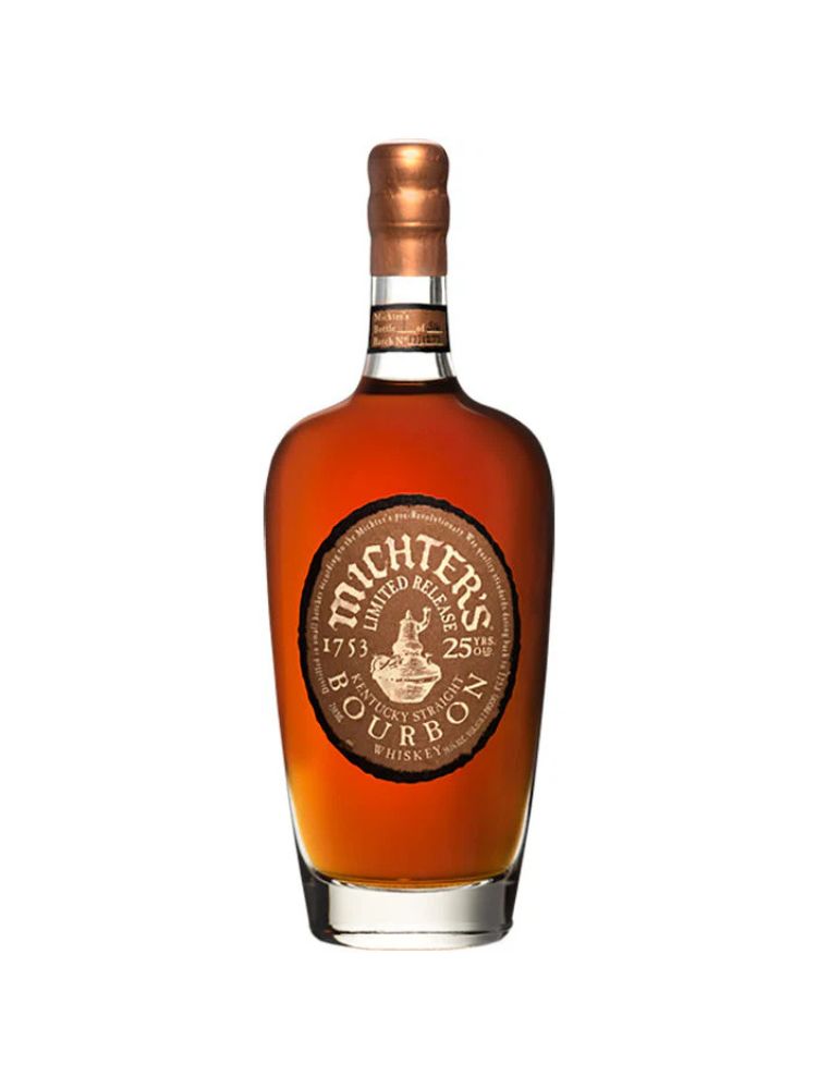 Michter’s 25 Year Old Bourbon Whiskey – 2020 Release Bottle on White Background
