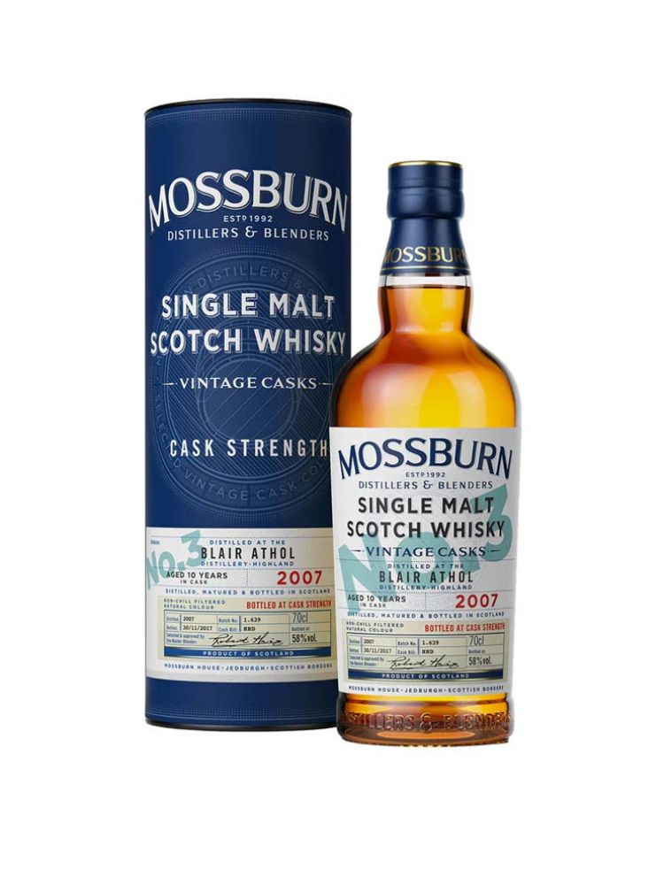Mossburn Blair Athol 10 Year Old Single Malt Scotch Whisky, 750mL Bottle on White Background