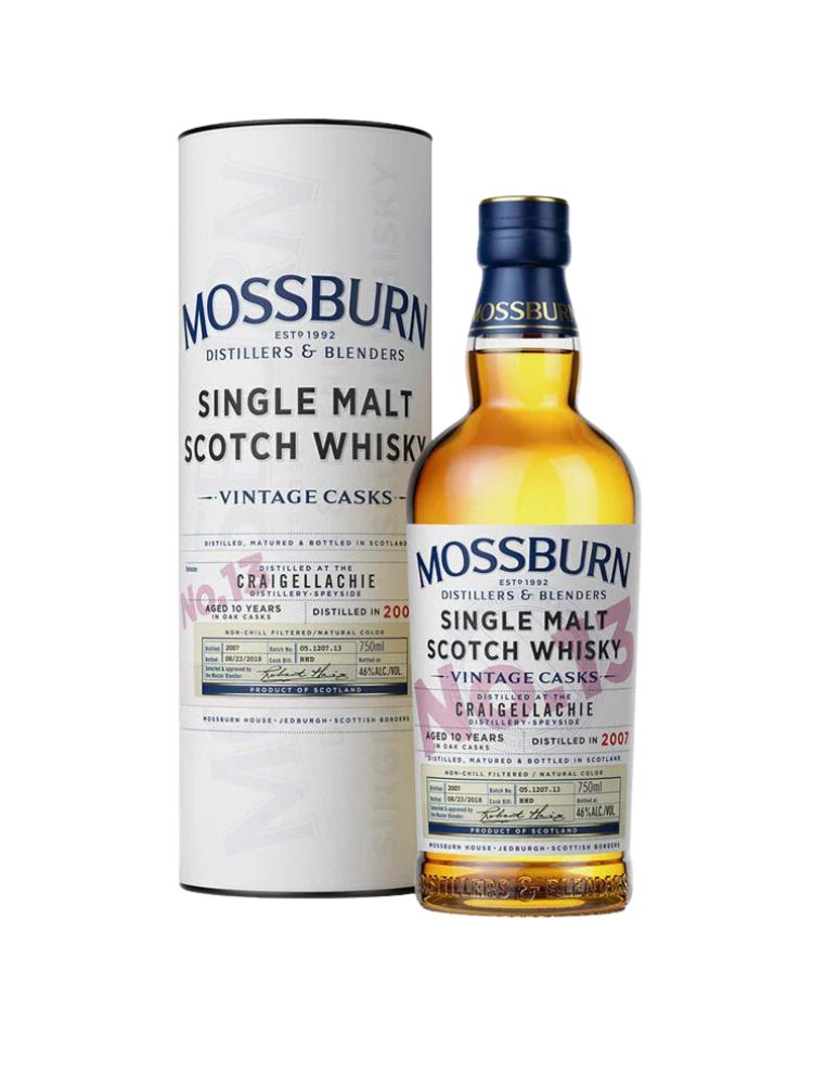 Mossburn Craigellachie 10 Year Old Single Malt Scotch Whisky, 750mL Bottle on White Background