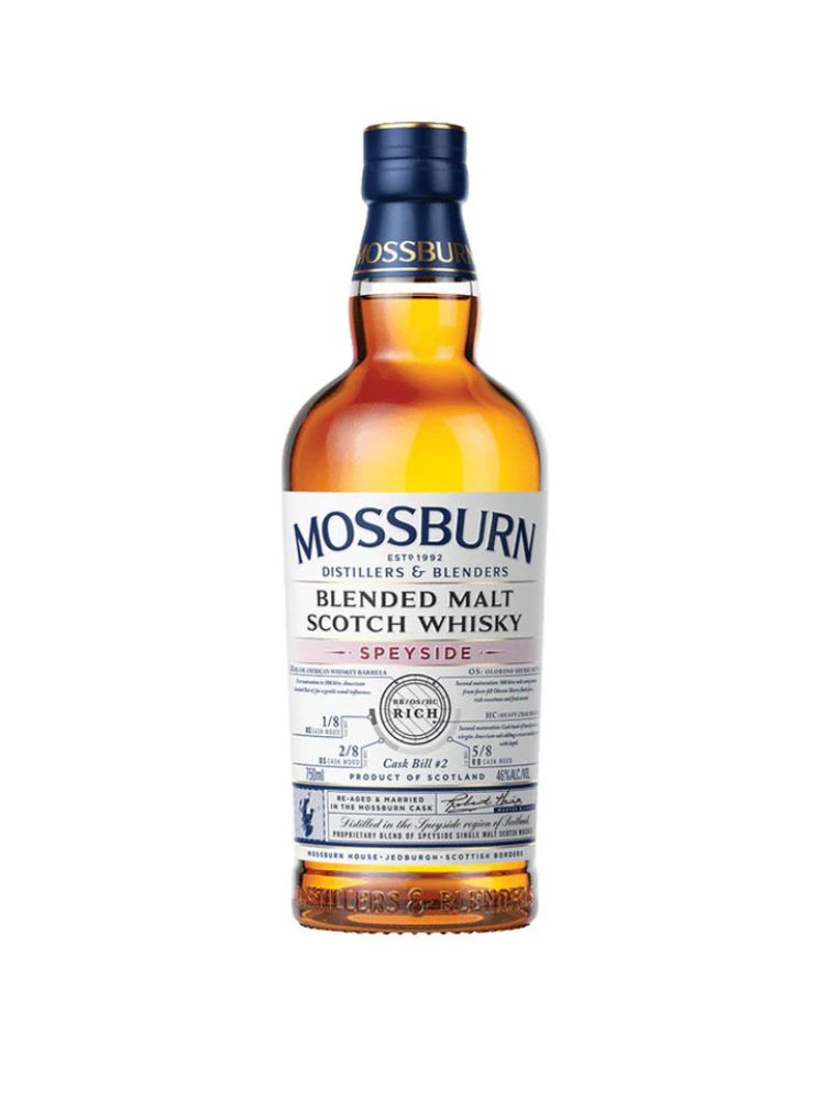 Mossburn Speyside Blended Malt Scotch Whisky, 750mL Bottle on White Background