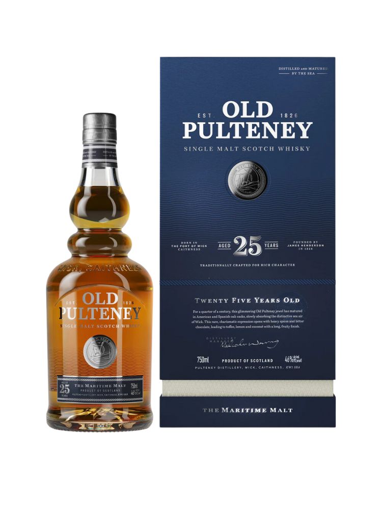 Old Pulteney 25 Year Old Single Malt Scotch Whisky, 750mL Bottle on White Background