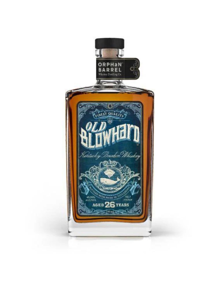 Orphan Barrel Old Blowhard 26 Year Old Kentucky Bourbon bottle on white background