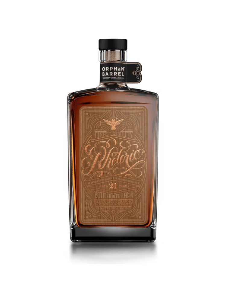Orphan Barrel Rhetoric 21 Year Old Kentucky Straight Bourbon Whiskey bottle on white background