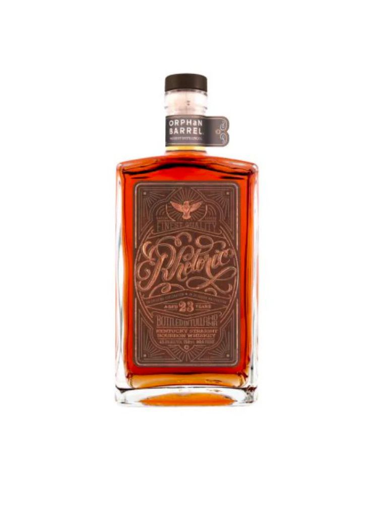 Orphan Barrel Rhetoric 23 Year Old Kentucky Straight Bourbon Whiskey bottle on white background