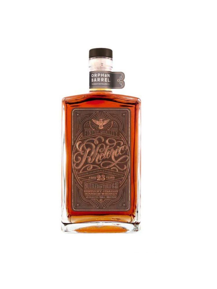 Orphan Barrel Rhetoric 24 Year Old Kentucky Straight Bourbon Whiskey bottle on white background