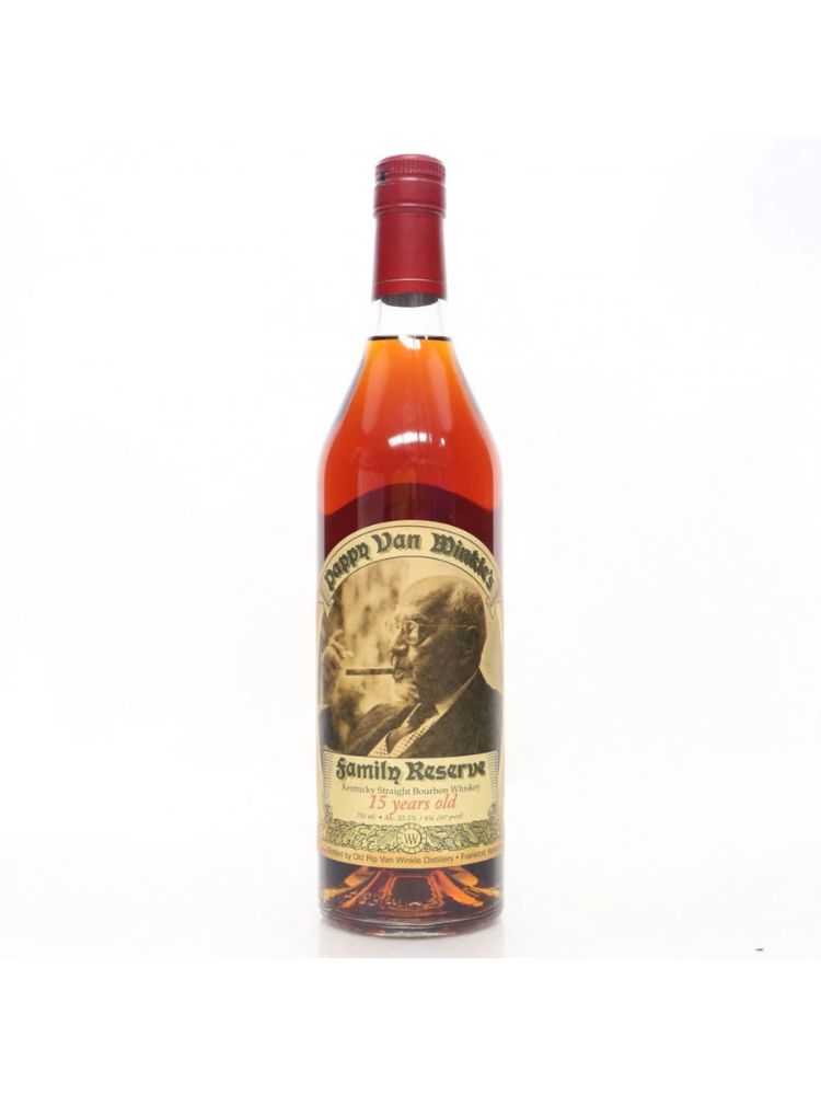 Pappy Van Winkle 15 Year Bourbon Red Foil, 750mL bottle on white background